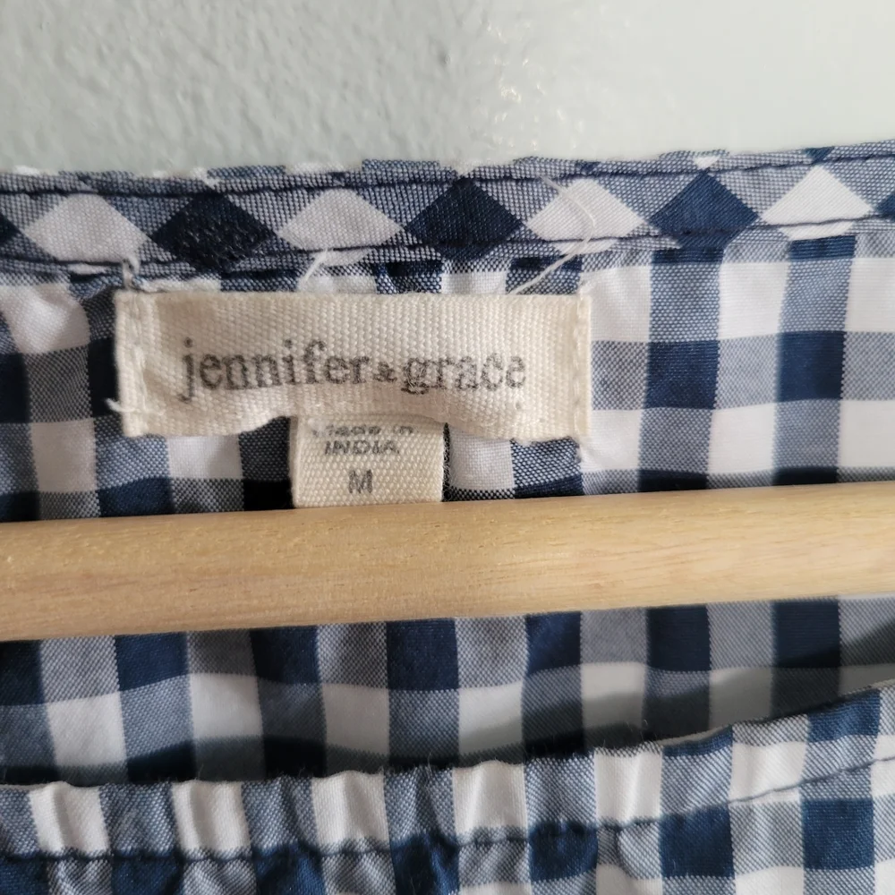 JENNIFER AND GRACE Blue Gingham Blouse Sz M Bell Sleeves Boho Cotton Blend - Picture 3 of 8
